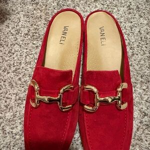 Vaneli Red Suede Loafers with Gold Accents